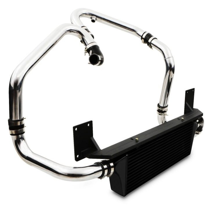 Front mount intercooler and intake kit for Subaru Impreza and Legacy, featuring polished aluminum piping and a black core, designed for enhanced performance in WRX STI models from 2008 to 2011.