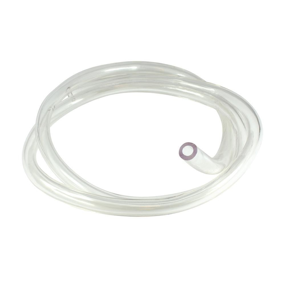 Clear, flexible fuel pipe measuring 5mm in diameter and 1 meter in length, featuring a smooth surface and a slightly tinted end for easy visibility.