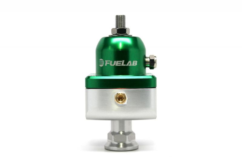 Fuelab Carburettor Blocking Style Fuel Pressure Regulator in green and silver, featuring a polished silver base, a green top, and a pressure adjustment screw on the side.