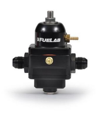 Black aluminum adjustable fuel pressure regulator with a round top, featuring a gold adjustment screw, two -8AN inlet/outlet fittings, and a small pressure port.
