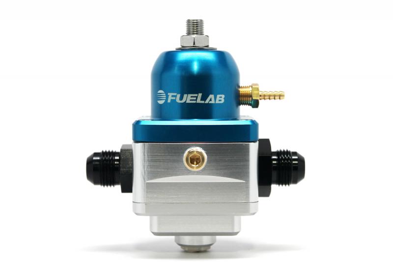 Fuelab Electronic Fuel Pressure Regulator in blue, featuring an aluminum body with a polished silver finish, -8 inlet/return fittings, and a brass adjustment screw.