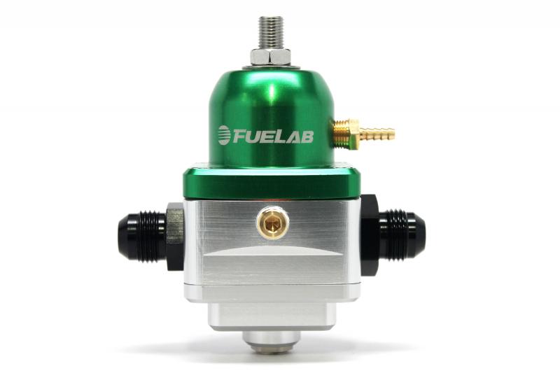 Gold and green Fuelab Electronic Fuel Pressure Regulator with -6 inlet/return, featuring a polished aluminum body, adjustable pressure, and a brass fitting on top.