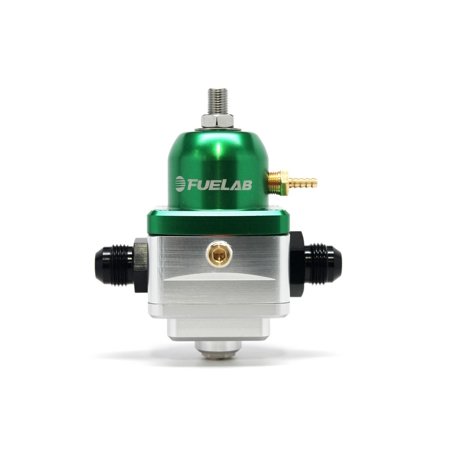 Gold and green Fuelab Electronic Fuel Pressure Regulator (529xx Series) with -8 inlet/return, featuring a polished aluminum body and a prominent Fuelab logo.