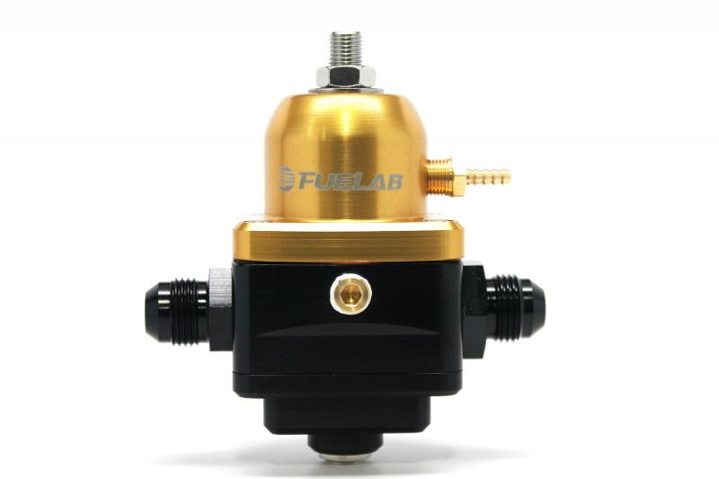 Fuelab Electronic Fuel Pressure Regulator in green, featuring an aluminum body with a gold top, -8 inlet/return ports, and a sleek design for efficient fuel management.