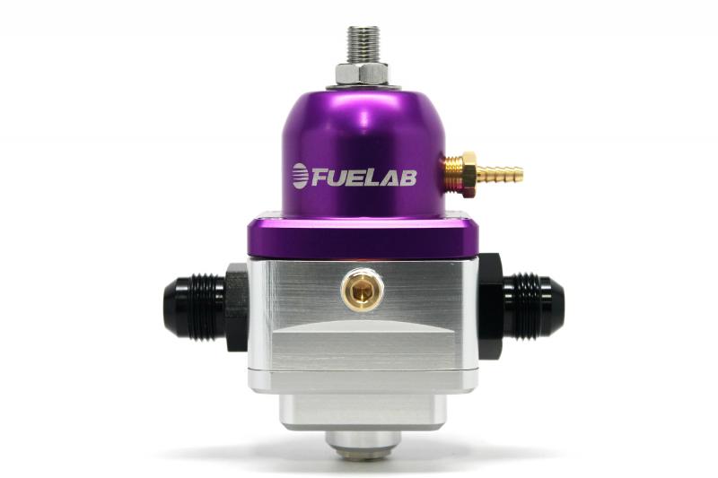 Purple Fuelab Electronic Fuel Pressure Regulator (529xx Series) with -6 inlet/return fittings, featuring a metallic finish and an adjustable pressure port.