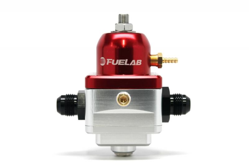 Red Fuelab Electronic Fuel Pressure Regulator (529xx Series) with -8 inlet/return fittings, featuring a polished silver base and a gold adjustment screw.