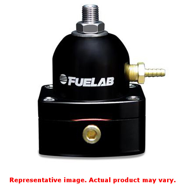 Black mini fuel pressure regulator with a shiny metallic top, featuring a threaded inlet and outlet, and the "FUELAB" logo prominently displayed on the side.