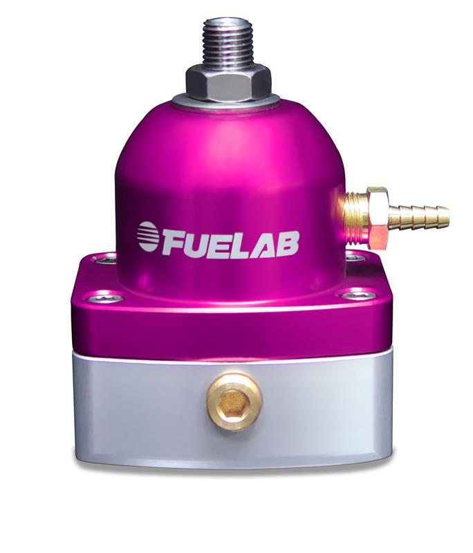 Purple adjustable fuel pressure regulator with a silver base, featuring -6AN inlet and return fittings, and a pressure range of 25-90 PSI, branded with the Fuelab logo.