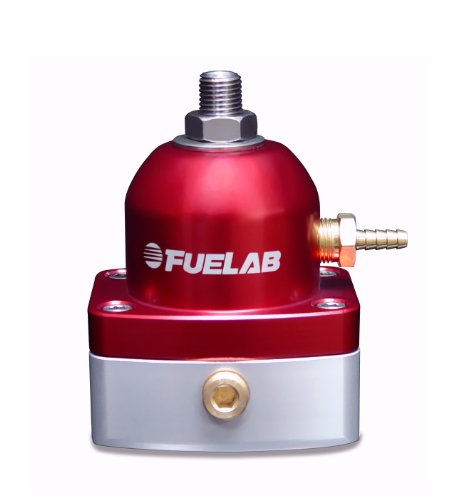 Red and silver Fuelab Fuel Pressure Mini-Regulator featuring a rounded top, threaded connector, and a side-mounted fuel inlet, designed for precise fuel pressure control.
