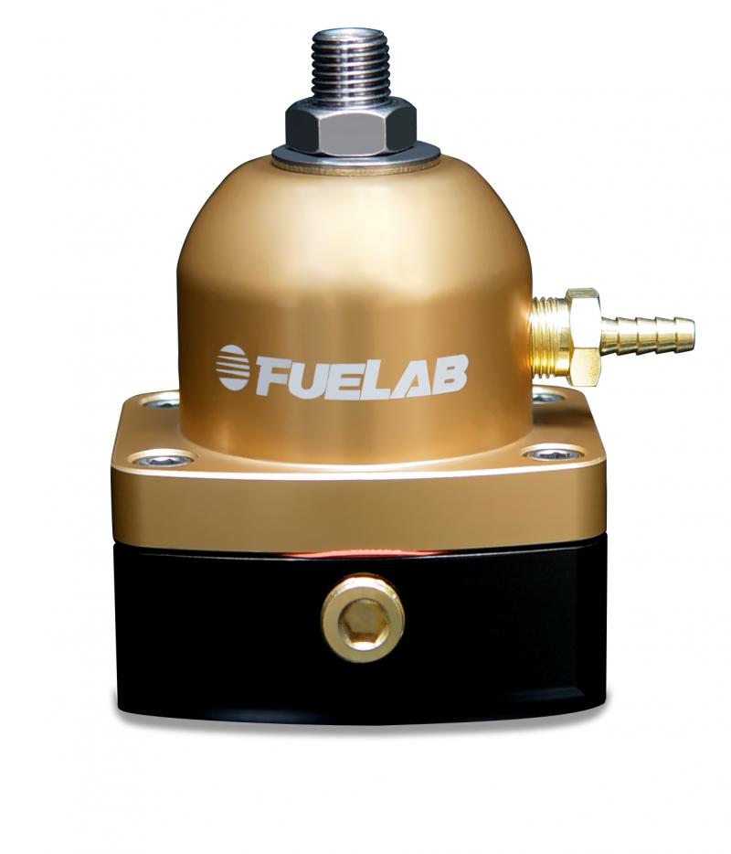 Gold and black Fuelab Fuel Pressure Mini-Regulator with a rounded top, threaded inlet, and a side outlet fitting, featuring the "FUELAB" logo prominently displayed.