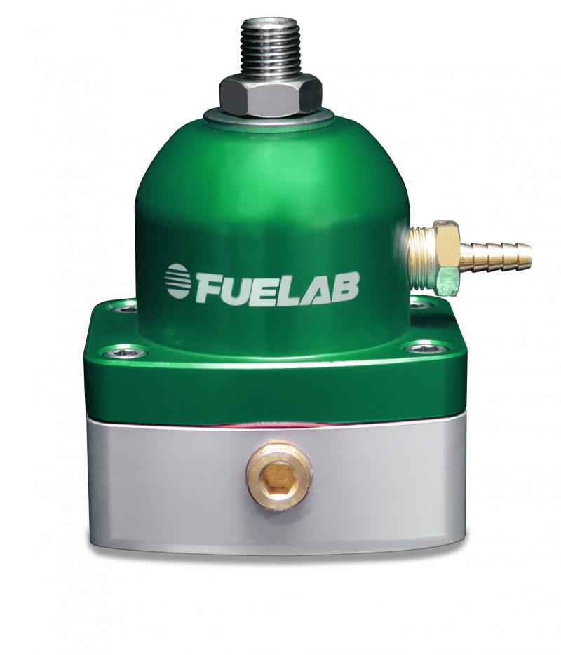 Fuelab Fuel Pressure Mini-Regulator in green and silver, featuring a rounded top, metal construction, and in-line return design with a threaded inlet and outlet fittings.