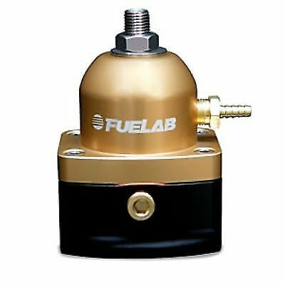 High flow fuel pressure regulator by Fuelab, featuring a gold dome, black base, and 10 inlet ports, adjustable pressure range of 25-90 PSI, and a sleek design.