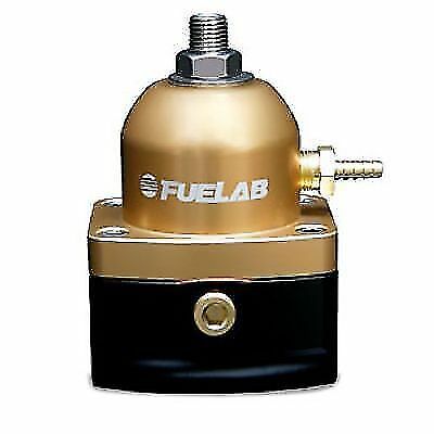 Gold and black adjustable fuel pressure regulator with a rounded top, featuring a threaded inlet and a side outlet, marked with the Fuelab logo, adjustable from 25 to 90 PSI.