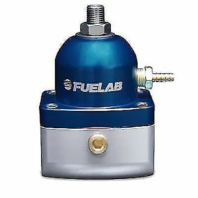 Blue and silver adjustable fuel pressure regulator with a -6AN inlet and return, featuring a rounded top and a threaded connection, marked with the Fuelab logo.