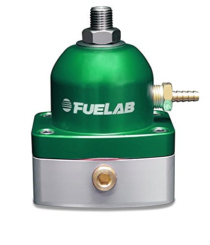 High flow fuel pressure regulator in green and silver, featuring a rounded top with a threaded inlet, -6 inlet ports, and a pressure range of 25-90 PSI.