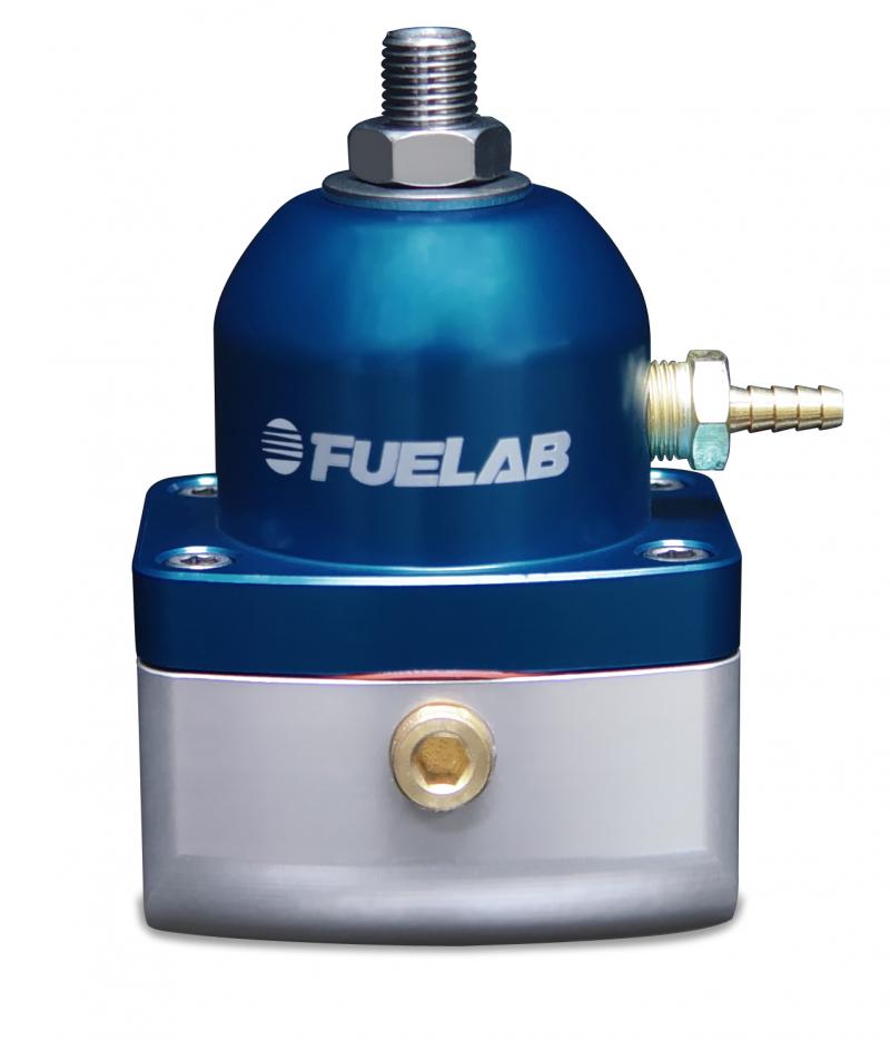 High flow fuel pressure regulator in blue and silver, featuring a rounded top with a threaded inlet, 10 inlet ports, and a pressure range of 4-12 PSI.