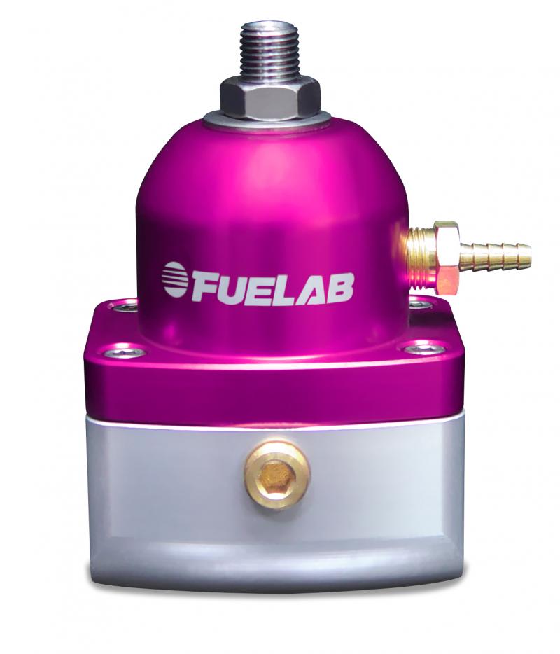 High flow fuel pressure regulator in purple and silver, featuring a 4-12 PSI pressure range, -10 inlet ports, and a robust design with a prominent Fuelab logo.