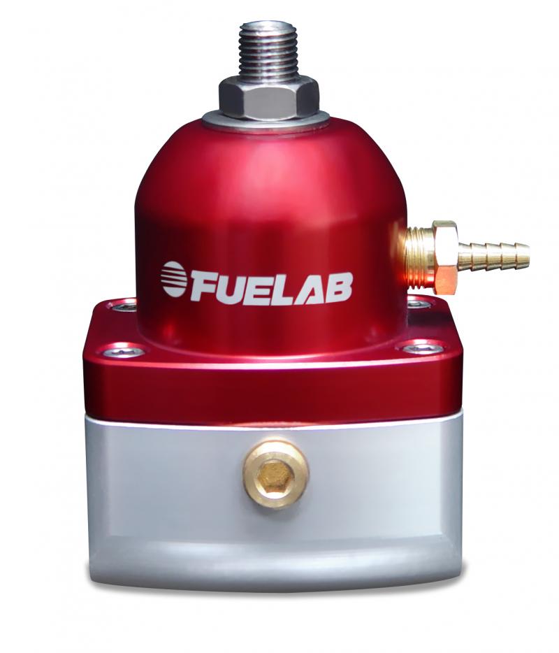 High Flow Fuel Pressure Regulator in red and silver, featuring a 4-12 PSI pressure range, -10 inlet ports, and a polished aluminum body with a prominent Fuelab logo.