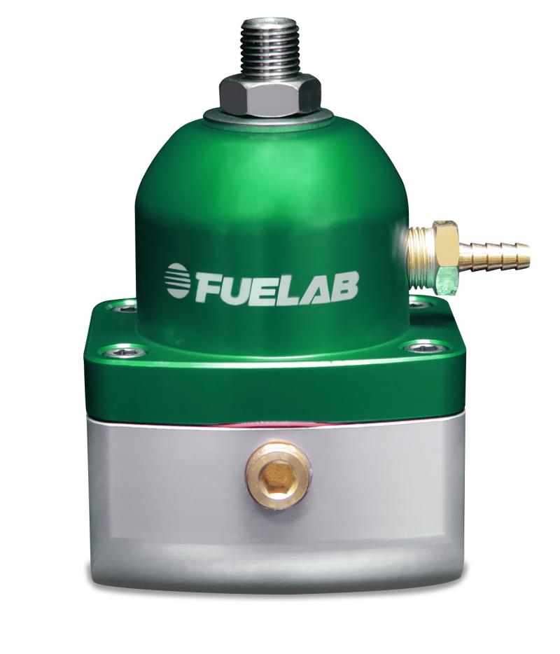 High flow fuel pressure regulator in green and silver, featuring a rounded top, 10 inlet ports, and adjustable pressure range of 4-12 PSI, with "FUELAB" logo prominently displayed.
