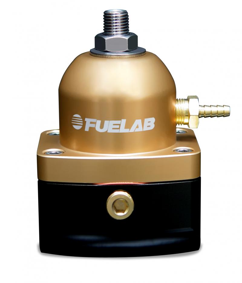 High-flow fuel pressure regulator featuring a gold top, black base, and 10 inlet ports, adjustable pressure range of 4-12 PSI, with Fuelab branding prominently displayed.