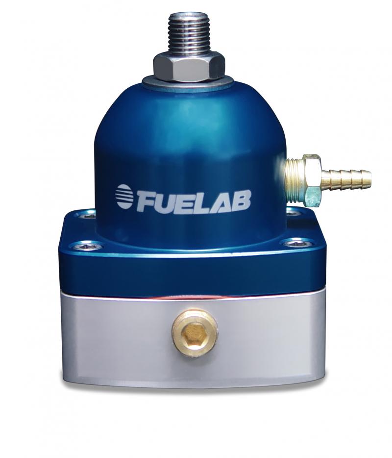 High Flow Fuel Pressure Regulator in blue and silver, featuring a rounded top, -6 inlet ports, and a pressure range of 4-12 PSI, with the Fuelab logo prominently displayed.