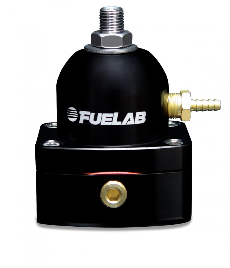 High-flow black fuel pressure regulator with a 90-125 PSI range, -6 inlet ports, and a polished finish, featuring the Fuelab logo prominently displayed.