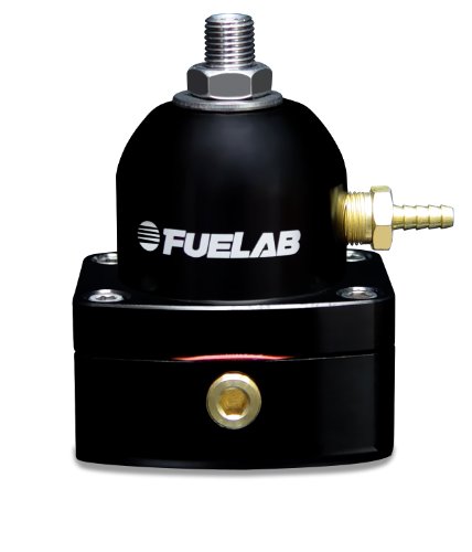 Black aluminum fuel pressure regulator with a rounded top, featuring a silver adjustment screw, brass fittings, and the "FUELAB" logo prominently displayed.