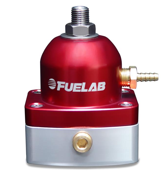 High flow fuel pressure regulator in red and silver, featuring a rounded top, adjustable pressure range of 25-90 PSI, and multiple ports for fuel line connections.