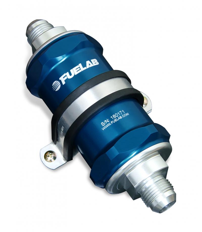 High-flow in-line fuel filter in blue anodized aluminum, featuring a 75-micron element, -8 JIC fittings, and a sleek design with a silver base and black O-ring.