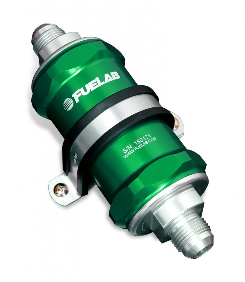 High-flow in-line fuel filter by Fuelab, featuring a green anodized aluminum body, silver end caps, 75-micron element, and -8 JIC fittings for efficient fuel filtration.