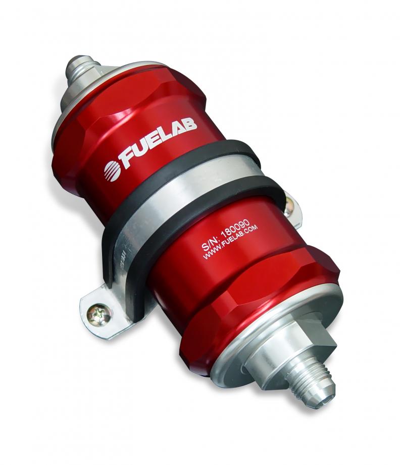 High-flow in-line fuel filter by Fuelab, featuring a red anodized aluminum body, 75-micron element, -8 JIC fittings, and a sleek design with visible branding.