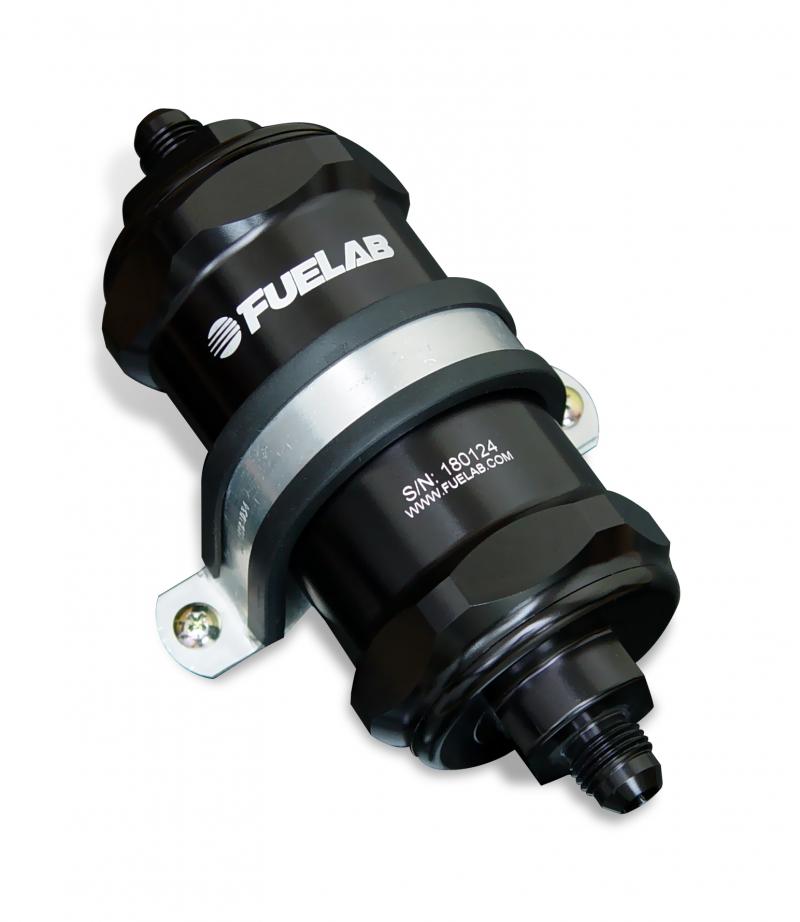 High-flow in-line fuel filter with integrated check valve, featuring a black stainless steel body, 8 inlet/outlet, and 75-micron filtration element.