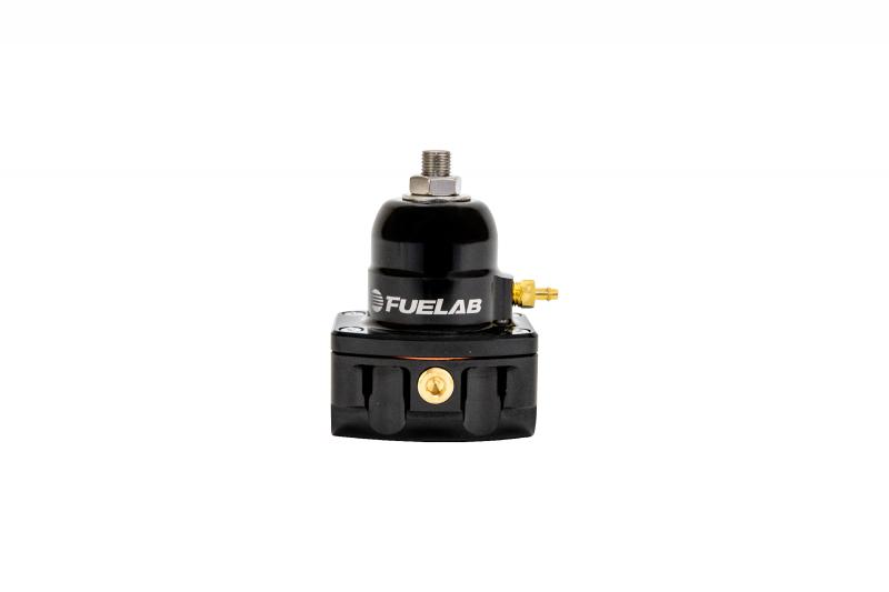 Black aluminum fuel pressure regulator with a compact design, featuring a top-mounted adjustment screw, a brass inlet fitting, and the Fuelab logo prominently displayed.