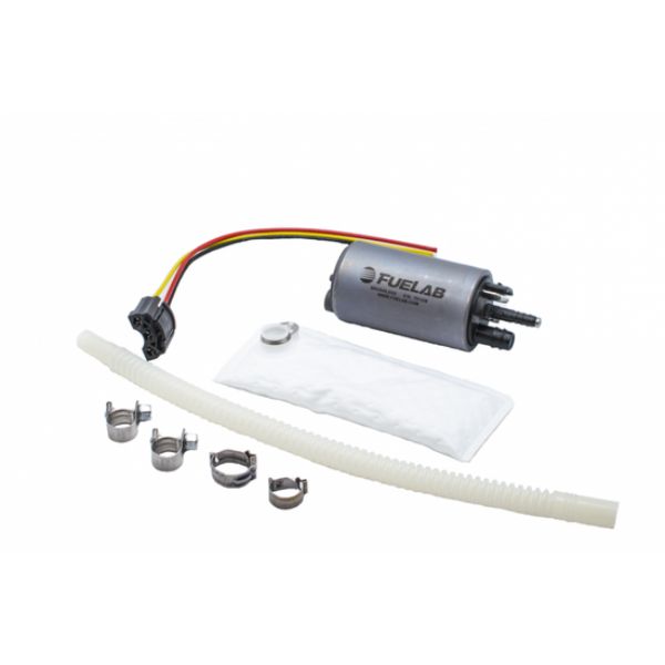 Brushless fuel pump in metallic grey with yellow and red wiring, includes two siphon hoses (9 mm and 6 mm), clamps, and a white installation kit.