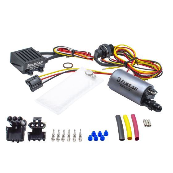 Fuelab in-Tank Brushless Fuel Pump Kit featuring a silver fuel pump, black wiring harness, connectors, and various colored tubing, designed for high-performance applications up to 850 Bhp.