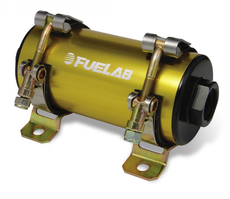 Gold and black in-line EFI fuel pump with a cylindrical design, featuring metal brackets, fuel inlet and outlet ports, and the "FUELAB" logo prominently displayed.