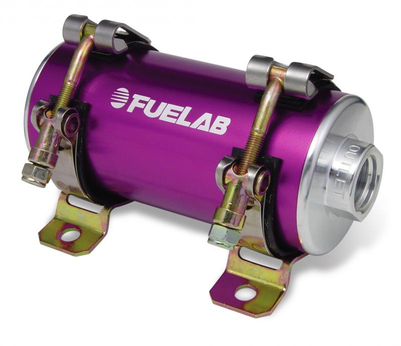 Purple and silver Fuelab Prodigy in-line EFI fuel pump, featuring a cylindrical design with metal brackets and fittings, rated for up to 1000 BHP.