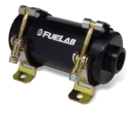 Black electric fuel pump with metallic brackets, featuring the "FUELAB" logo prominently displayed, designed for efficient fuel delivery in automotive applications.