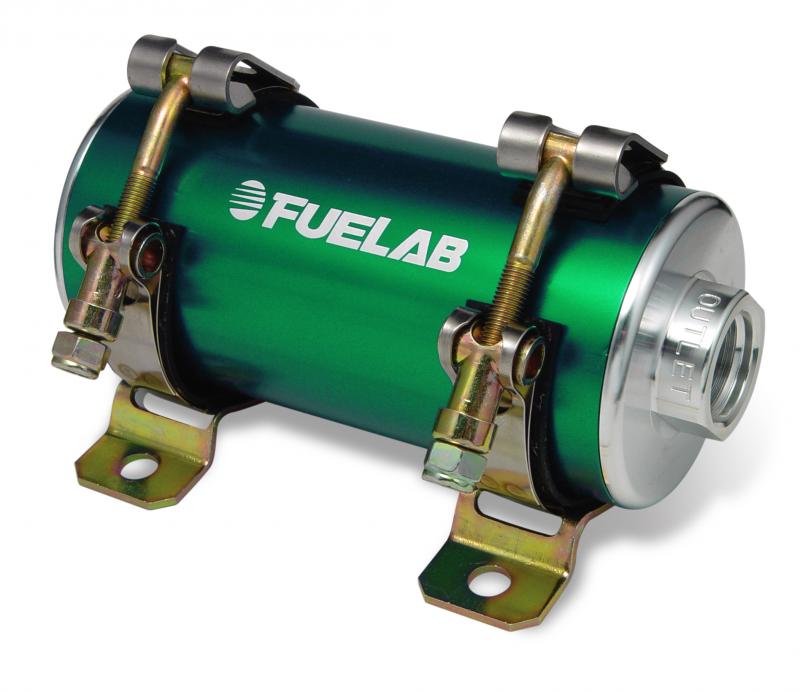 Green and silver aluminum in-line EFI fuel pump with dual metal brackets and fittings, rated up to 1300 BHP, featuring the Fuelab logo prominently displayed.