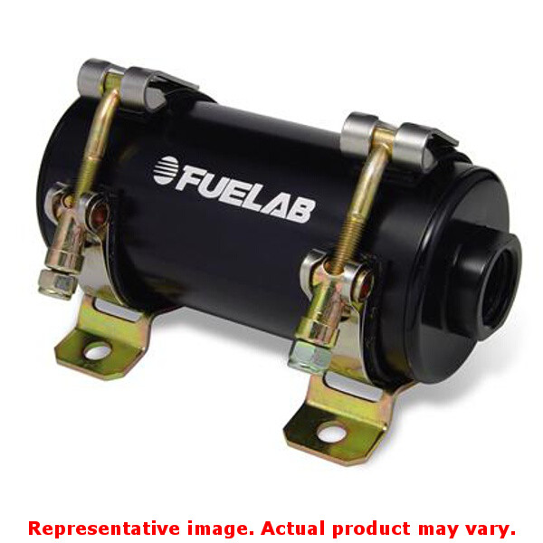 Black high-pressure fuel pump with metallic brackets, featuring the Fuelab logo prominently displayed, designed for durability and performance in automotive applications.