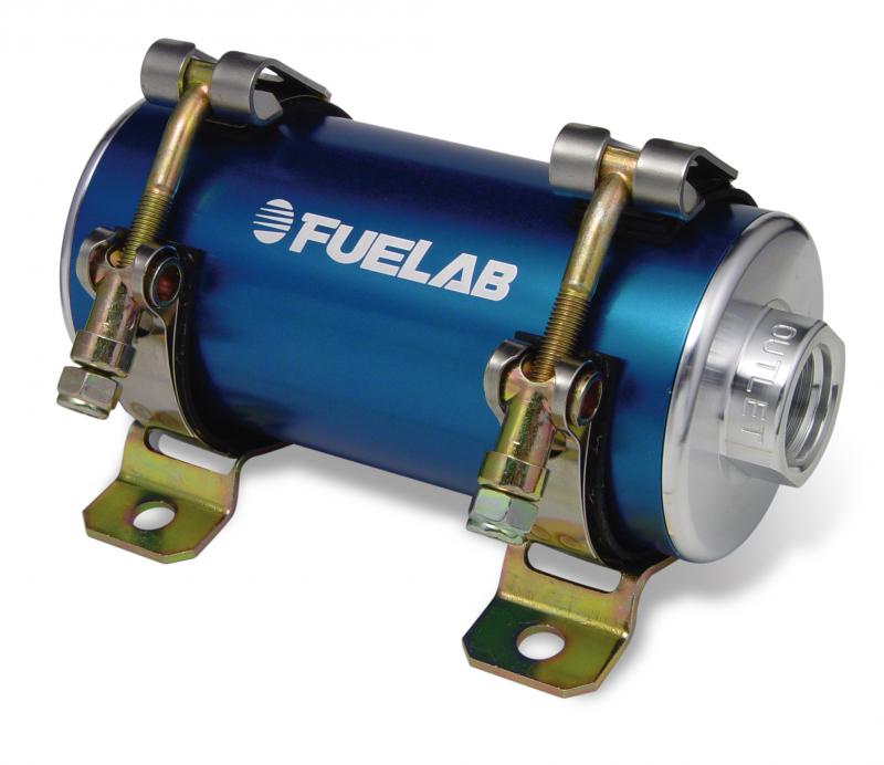 Blue and silver Fuelab Prodigy in-line EFI fuel pump with a cylindrical design, metal casing, and mounting brackets, rated for up to 1500 BHP.