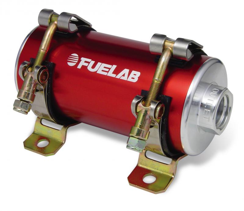 Red and silver Fuelab Prodigy in-line EFI fuel pump with a cylindrical design, metal construction, and two mounting brackets, rated for up to 1500 BHP.