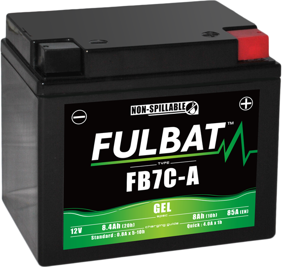 Black rectangular gel battery with a red terminal, labeled "FULBAT FB7C-A," featuring specifications for 12V, 8.4Ah, and non-spillable design.