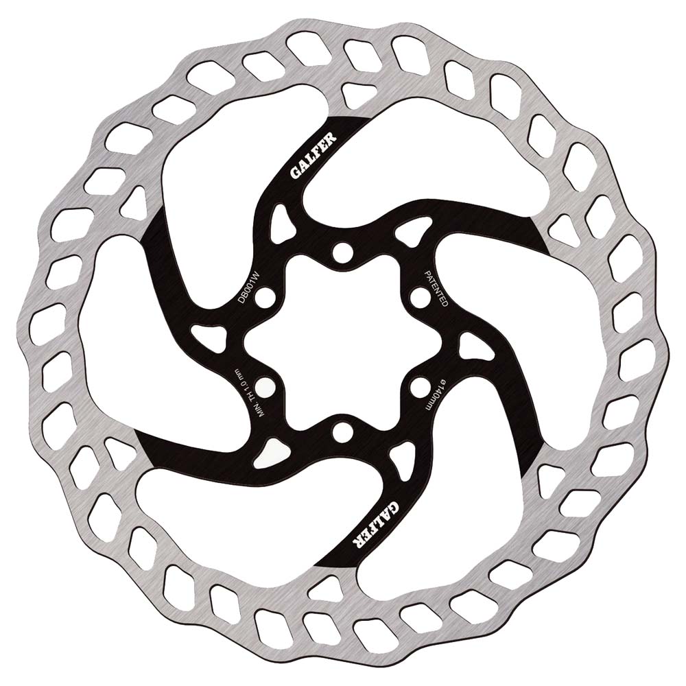 Galfer Wave 6-Bolt Disc Rotor features a circular design with a stainless steel surface and black anodized aluminum center, measuring 160mm in diameter and 1.8mm thick, with a wave pattern for improved braking.