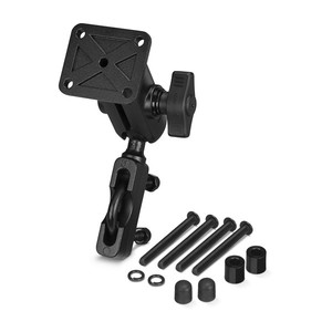 Black handlebar mount kit for Garmin Zumo, featuring a sturdy base with a square plate, adjustable arm, and multiple mounting screws and washers included.