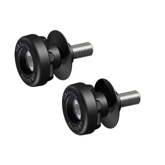 Black GB Racing motorcycle paddock stand bobbin set featuring durable plastic construction and threaded metal inserts for secure attachment.