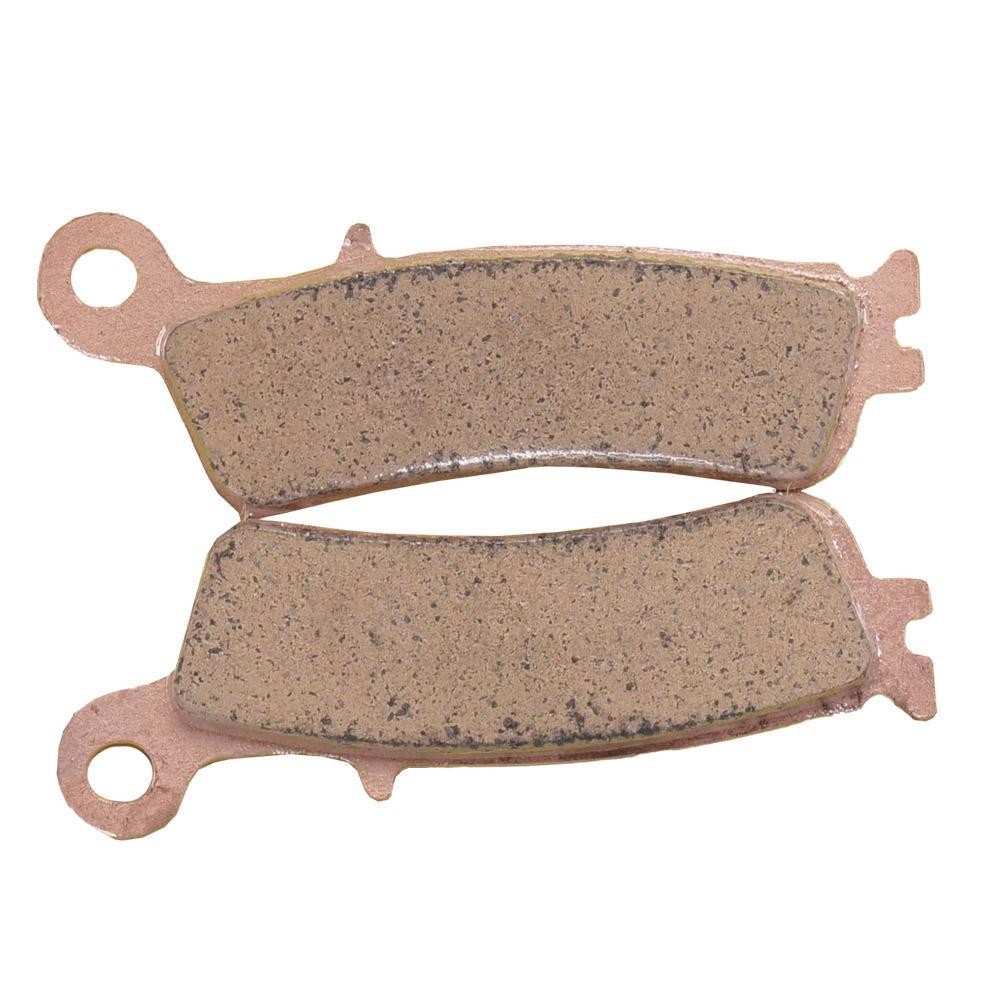 Brown ceramic brake pads with a metallic backing, featuring a curved shape and two mounting holes, designed for specific Yamaha motorcycle models.