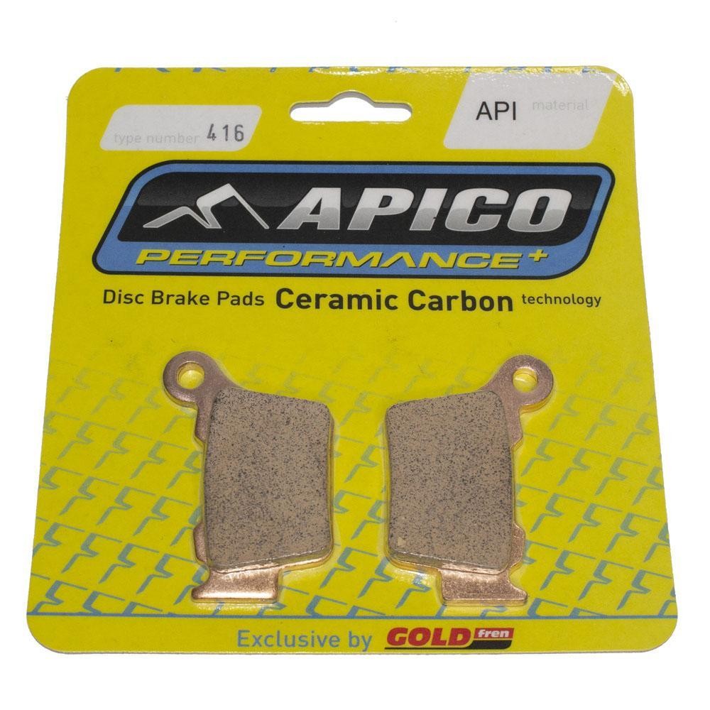 Apico GF416API brake pads in a yellow and blue packaging, featuring ceramic carbon material, designed for KTM SX65, Husqvarna TC65, and Gas Gas MC65 models.