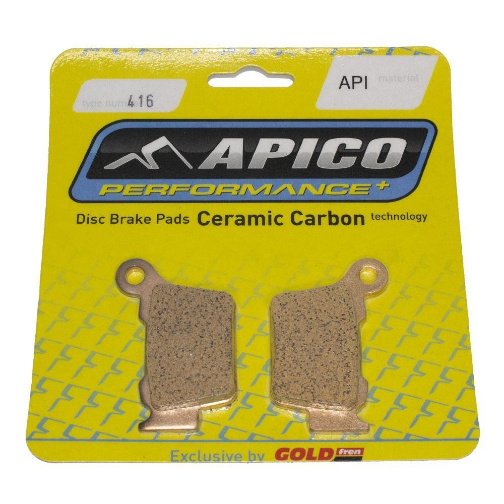 Apico K1 brake pads in a yellow packaging, featuring ceramic carbon technology, designed for KTM SX65, Husqvarna TC65, and Gas Gas MC65 models from 2023-2025.