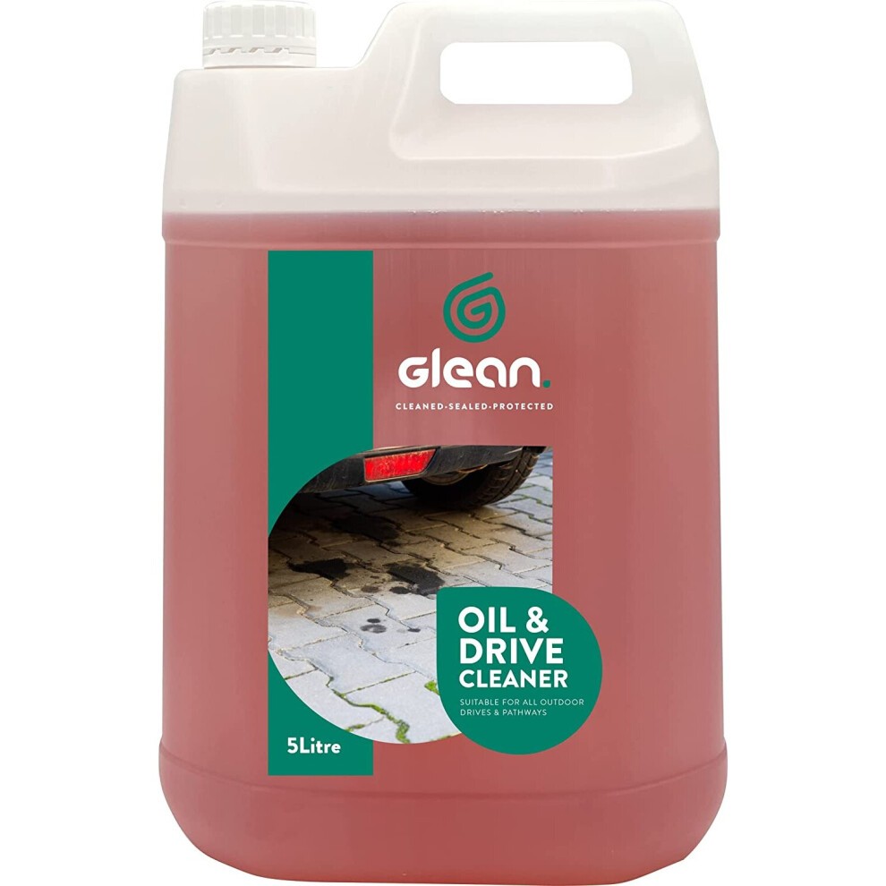 GLEAN Oil & Drive Cleaner in a 5-litre container, featuring a pink liquid, a white handle, and a green label with text highlighting its oil stain removal capabilities.